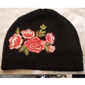 Black flower rose embroidered beanie hat stretchy